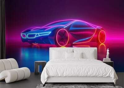 Abstract image of a smart or intelligent car in the form of neon lights. Futuristic automotive technology. AI generated Wall mural