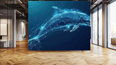 Abstract jumping dolphin in polygons on technology blue background. Low poly wire frame marine life concept. AI generated Wall mural