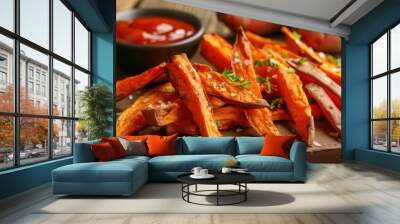 Baked sweet potato fries and ketchup. Whole sweet potatoes in the background. Wall mural