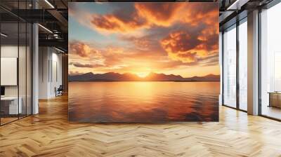 Beautiful landscape sunset with golden orange sky on sea water reflection. AI generated image Wall mural