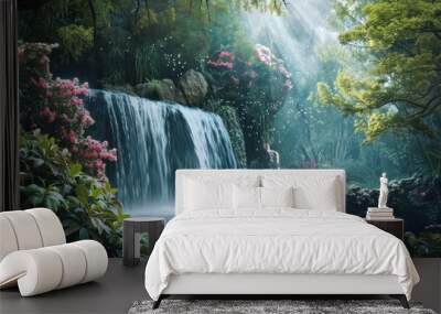 Beautiful waterfall on lush vegetation in green natural rainforest background. AI generated Wall mural