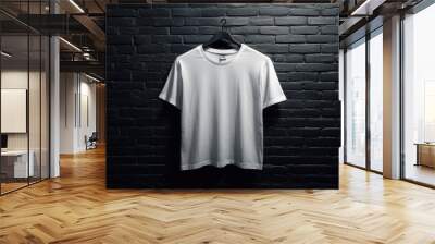 Blank White T-shirt Hanging on a Black Brick Wall Wall mural