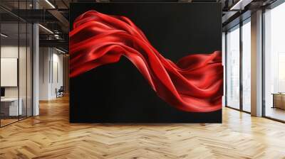 Concept of long flying red silk cloth on black background. AI generated image Wall mural