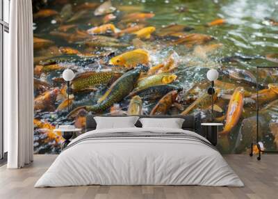 Crowd of many freshwater fish hungry such as catfish, snakehead fish Wall mural