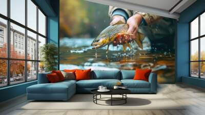 Fishing background. Fisherman catching trout on a river. Wall mural