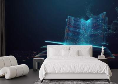 Futuristic digital technology open book with polygonal glowing lines dark background. AI generated Wall mural