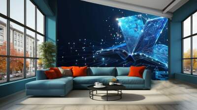 Futuristic digital technology open book with polygonal glowing lines dark background. AI generated Wall mural