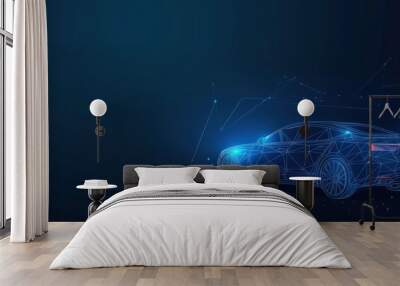 Futuristic digital wireframe of car concept with blue background. AI generated image Wall mural