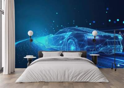 Futuristic digital wireframe of car concept with blue background. AI generated image Wall mural