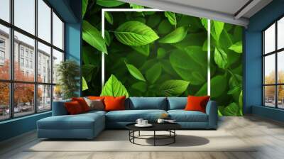 Green leaves and square frame of spring backdrop background. AI generated image Wall mural