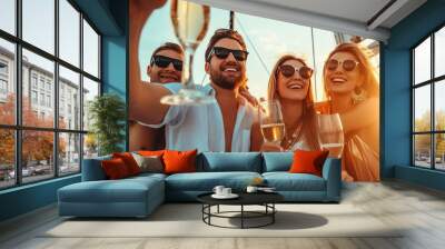 Group happy rich people have a party in yacht with drink champagne at summer day. AI generated image Wall mural