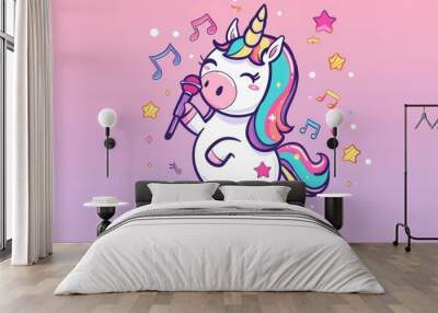 Illustration cartoon style funny unicorn singing with microphone in pastel background. AI generated Wall mural