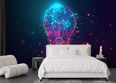 Innovation technology with holographic glowing low polygonal light bulb dark background.AI generated Wall mural