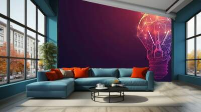 Innovation technology with holographic glowing low polygonal light bulb dark background.AI generated Wall mural