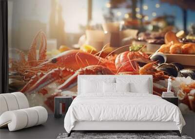 Keeping fresh Seafood raw storage with ice at the fish and shrimp market. AI generated Wall mural