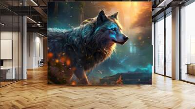 Magical Wolf animal wildlife in enchanted forest dramatic background. AI generated image Wall mural