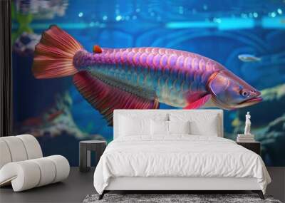 Portrait beautiful red Arowana fish in blue aquarium water light background. AI generated Wall mural