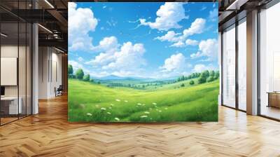 Scenic beautiful view on meadow near river landscape. AI generated image Wall mural