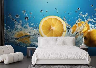 Two halves of fresh lemons sinking deep into water with splashes against a blue background Wall mural