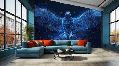 Wireframe of an eagle has spread its wings. Polygonal eagle of blue lines on a dark background. AI generated Wall mural