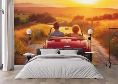 Young couple driving convertible car on holiday trip vacation at beautiful sunset. AI generated Wall mural