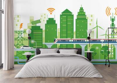 Cityscape with Infrastructure and Transportation, Smart City, Connected, Green and Clean Energy Concept Wall mural