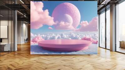  A pink cylindrical podium floating amidst a dreamy pink cloudscape with two large celestial bodies, perfect for showcasing beauty, fashion, or fantasy-themed products. Wall mural