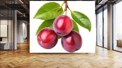  Three ripe red plums on a branch with green leaves. Perfect for food blogs, recipes, or highlighting the freshness of produce. Wall mural