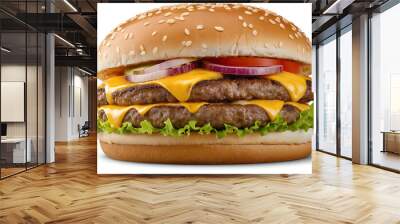 A mouthwatering double-decker cheeseburger with two juicy beef patties, melted cheese, fresh lettuce, tomato, onion, and pickles, all stacked between a sesame seed bun. Isolated on a white background. Wall mural