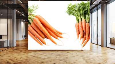 Two bunches of fresh carrots with green tops, one tied with twine. Isolated on a white background with a transparent PNG format for versatile use. Perfect for healthy eating campaigns, recipe websites Wall mural