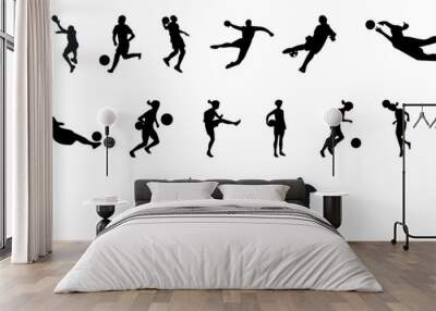 Dynamic soccer player silhouettes,Silhouettes of Soccer players, Diverse poses of football players,Elite soccer player silhouettes, Comprehensive set of football game,Versatile soccer action  Wall mural