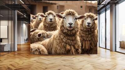 A group of sheep are standing in a pen looking at the camera.

 Wall mural