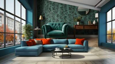 Chair and turquoise sofa in green living room interior with leaves wallpaper and table. Real photo Generative AI Wall mural