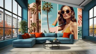 Chic summer mood board with a stylish woman in oversized sunglasses, featuring vintage cut-and-paste palm trees and vibrant abstract elements. Wall mural