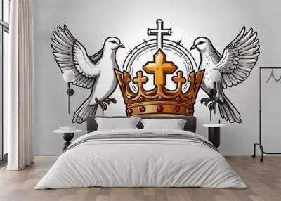 Holy Trinity symbols. Cross, crown and dove of Holy Spirit. Christian symbols against white background. Vector illustration. Wall mural