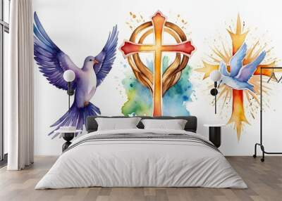 Holy Trinity symbols. Cross, crown and dove of Holy Spirit. Watercolor christian symbols against white background. Vector illustration. Wall mural