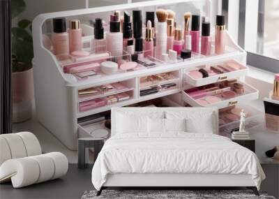 The image is of a makeup organizer with makeup products in it.

 Wall mural