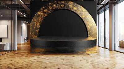 3d render, abstract black and gold background with cobblestones and golden arch frame, stand on the wet floor with reflection, modern minimal showcase for product display.  with generative ai Wall mural