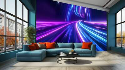 3d Render, Blue purple speed light line through dark background, abstract fast highway patch, hyper speed warp in space with generative ai Wall mural