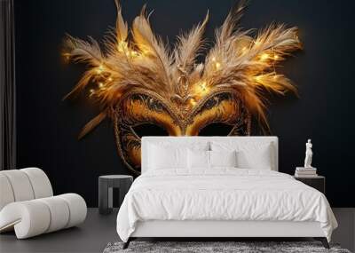 A gold and black carnival mask with gold beige feathers and light effects on a black background with generative ai Wall mural