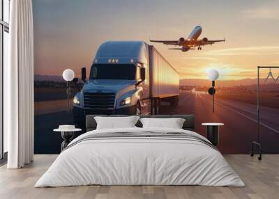 A white semi truck is driving on the freeway towards the sunset while an airplane is seen taking off in the background above the truck with generative ai Wall mural