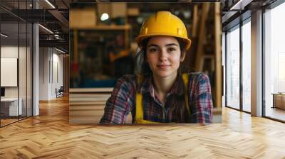 A young woman wearing a yellow hard hat and plaid shirt is sitting confidently in a carpentry workshop with wood shelves in the background with genrative ai Wall mural