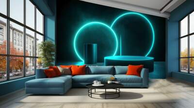 Abstract black scene with two cylinder podiums template with glowing neon blue light trails as light effect for presentation cosmetic products, advertising. with generative ai Wall mural