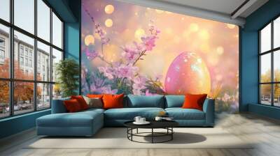 Abstract Fantasy Easter egg and spring flowers on bokeh background. Happy Easter with generative ai Wall mural