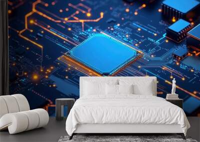 AI chip background with blue circuit light elements on technology dark background. Circuit board, AI semiconductor and computer processor. Abstract polygonal microchip. with generative ai Wall mural