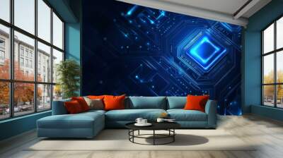 AI chip background with blue circuit light elements on technology dark background. Circuit board, AI semiconductor and computer processor. Abstract polygonal microchip. with generative ai Wall mural