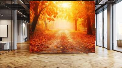 Autumn forest path. Orange color tree, red brown maple leaves in fall city park. Nature scene in sunset fog Wood in scenic scenery Bright light sun Sunrise of a sunny day, with generative ai Wall mural