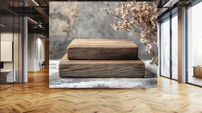 Background for products cosmetics, food or jewellery. Rustic wood pieces podium. Front view with generative ai Wall mural