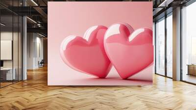 Banner Of Two Pink Wooden Interlocking Hearts With High Gloss Finish On Pink Background - Valentine's Day / Marriage Concept with generative ai Wall mural