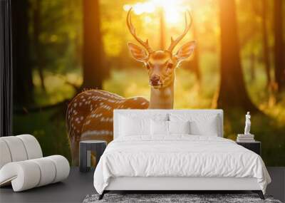 Beautiful deer in the forest at sunrise in the summer Deer at the spring sun in forest of nature with generative ai Wall mural